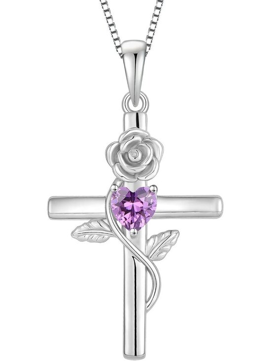 Jewelry - Women’s Purple Sterling Silver Crucifix Flower Cross Birthstone Necklace Jewelry
